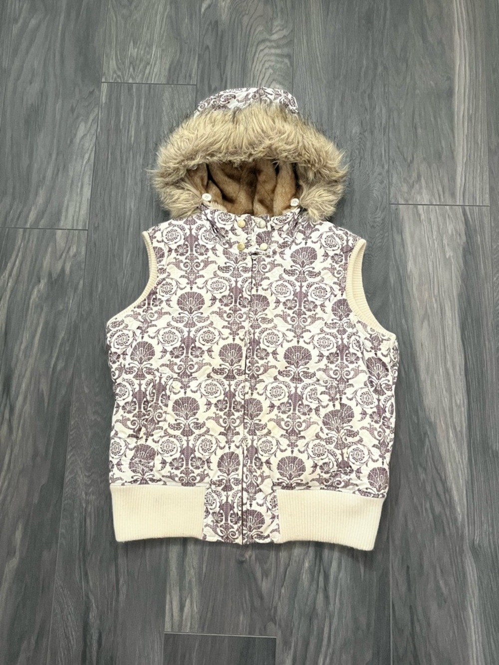 Y2K Aeropostale Cream Puffer Vest w/ Brown Faux Fur Lining